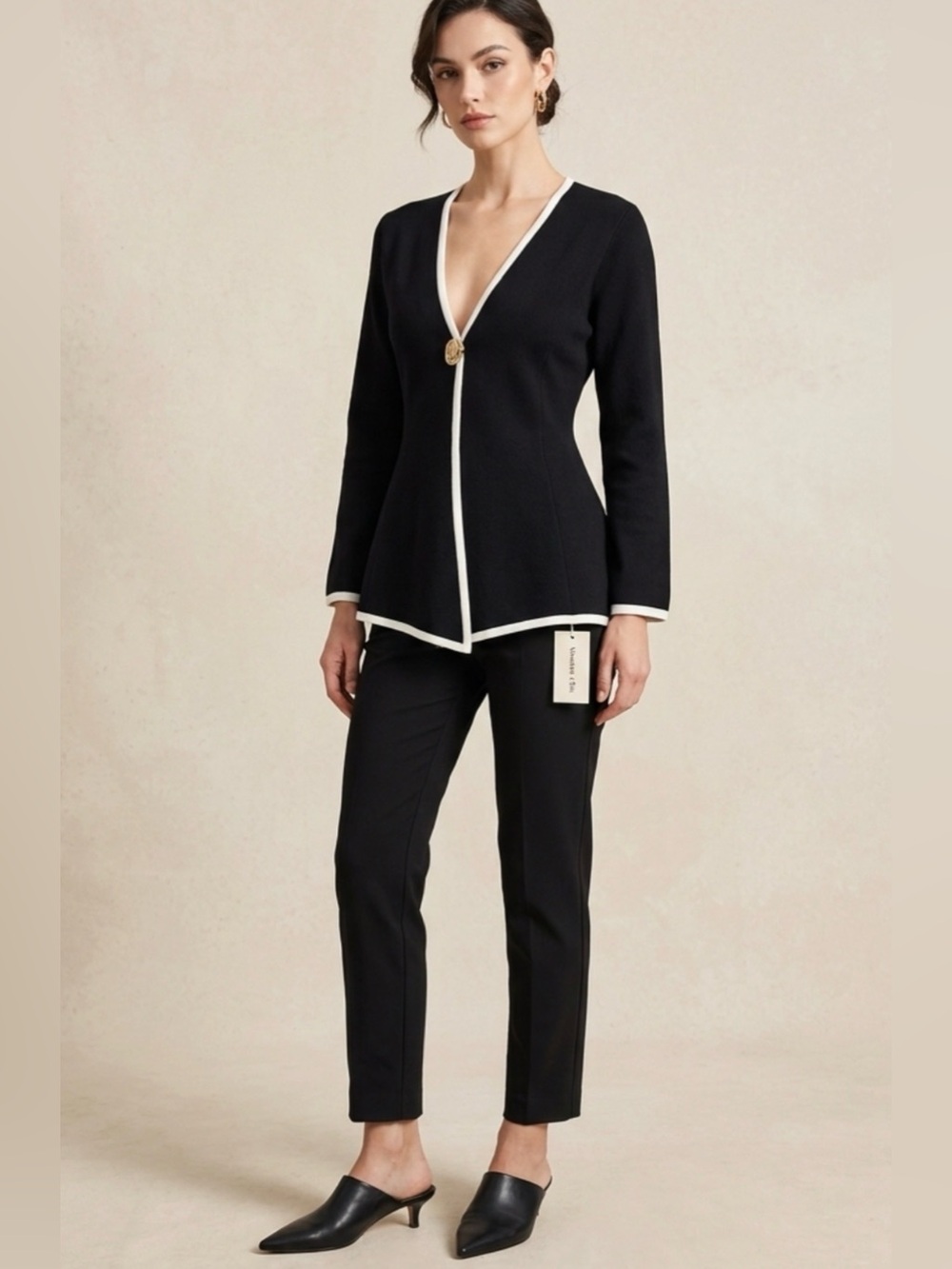 Black Contrast-Trim Knit Blazer with Slim Black Trousers
